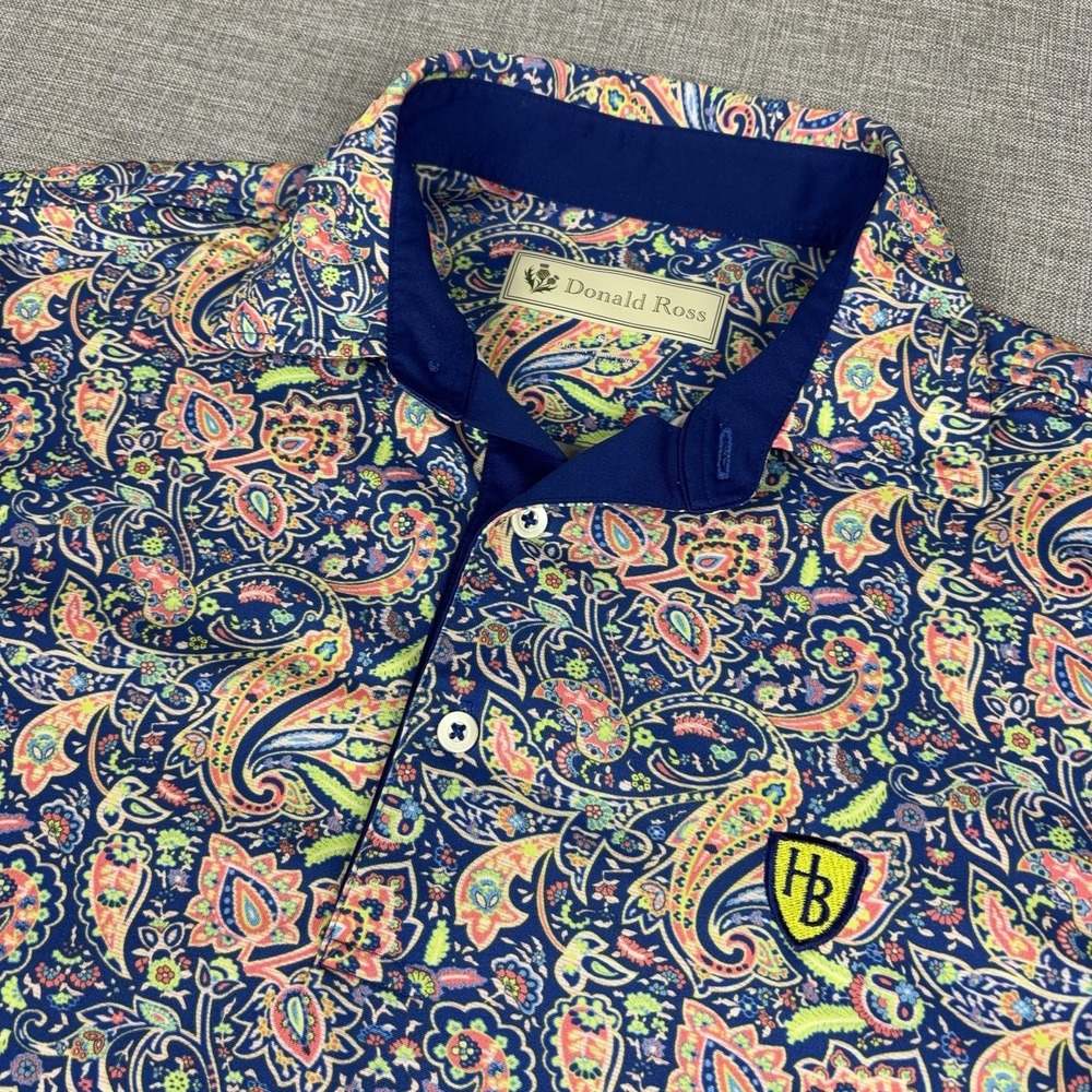 Donald Ross Polo Shirt Mens S Blue Paisley Golf HB Logo Short Sleeve Performance